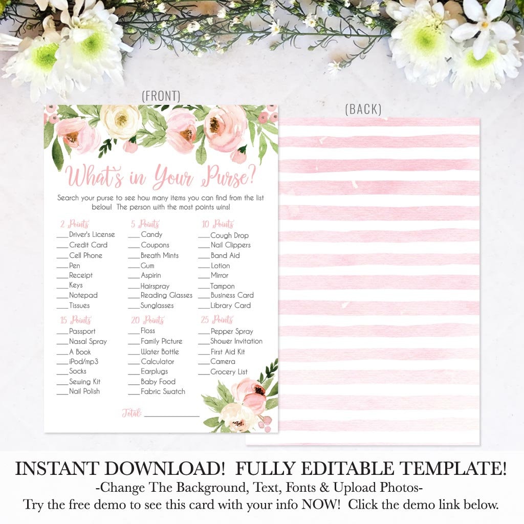 Pink Watercolor Floral Wreath What's in Your Purse Baby Shower Game ...
