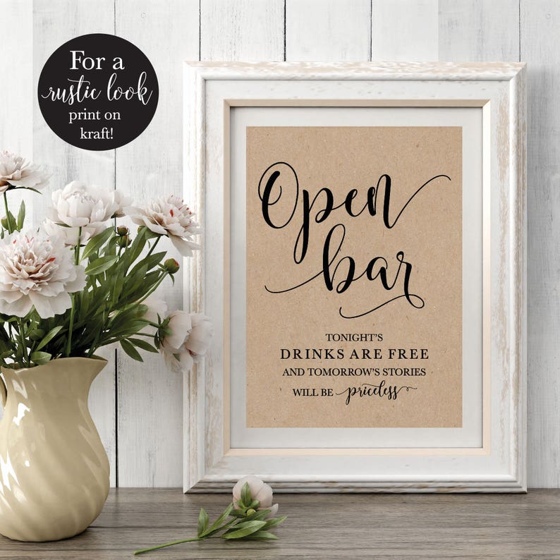 Open Bar Wedding Sign, Modern Calligraphy Alcohol Signage, Rustic Bar Reception Printable Decorations, DIY Drinks Sign, Instant Download image 2