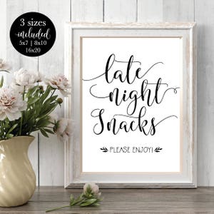 Late Night Snacks Printable Wedding Party Sign, Rustic Food Buffet Snack Bar Reception Signage, DIY Instant Download Template image 1