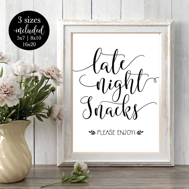 Late Night Snacks Printable Wedding Party Sign, Rustic Food Buffet Snack Bar Reception Signage, DIY Instant Download Template image 1