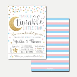 White Twinkle Twinkle Little Star Invitation Template - Gender Reveal Idea, Gender Reveal Invitation Instant Download, Reveal Invitation PDF