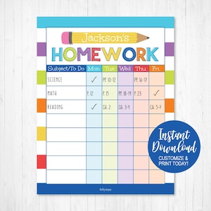 Homework Organizer, Homeschool Daily Routine Chart, 8.5x11 Template, A4 Template, Weekly Planner Inserts, Weekly Planner Pages, Custom