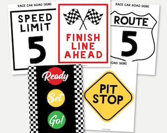 Race Car Birthday Party Road Signs, Editable Racing Cars Party Printable, Checkered Traffic Light Pit Stop, Boys DIY Speed Limit Route Sign