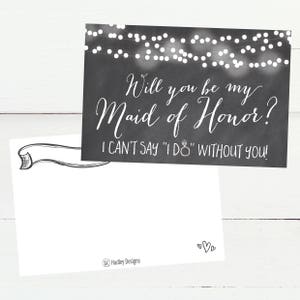 Printable Will You Be My Maid of Honor Card, Chalk Lights Wedding Card, Rustic Maid of Honor Proposal Request Card, Instant PDF Download