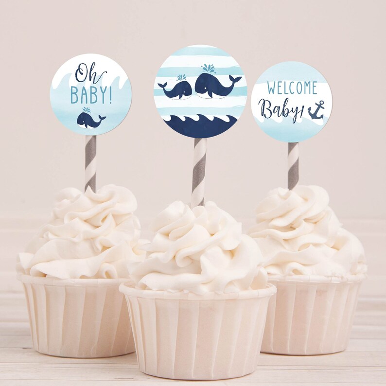 Whale Nautical Baby Shower Cupcake Toppers Template Baby Etsy
