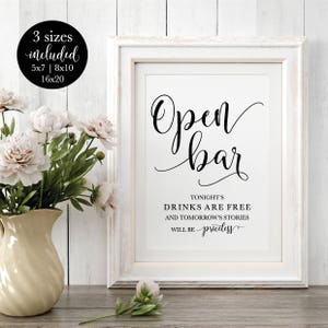 Open Bar Wedding Sign, Modern Calligraphy Alcohol Signage, Rustic Bar Reception Printable Decorations, DIY Drinks Sign, Instant Download image 1