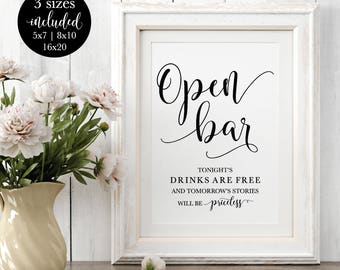 Open Bar Wedding Sign, Modern Calligraphy Alcohol Signage, Rustic Bar Reception Printable Decorations, DIY Drinks Sign, Instant Download