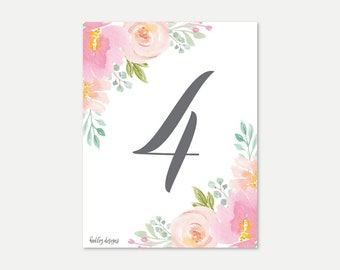 Blush Floral Modern Wedding Table Numbers Template - DIY Table Numbers for a Wedding, Editable Printable Table Numbers, Digital Downloads