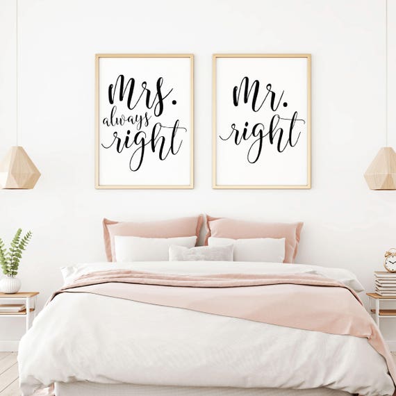 Mr Right Mrs Always Right Printable Sign Set Minimalist Rustic Wall Art Love Couple Bedroom Decor Digital Prints Wall Poster