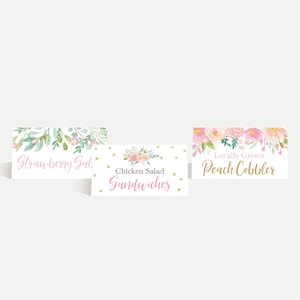 Rosa Pastell Blumen Babyparty Essen Zelt Karten Vorlage - Essen Zelt Karte sofortiger Download, bearbeitbare Buffet Karte, druckbare Party Dekoration
