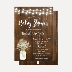 Rustic Wood Baby Breathe Lights Baby Shower Invitation, Baby Shower Invitation Template, Digital Download, Printable Baby Shower Invitation