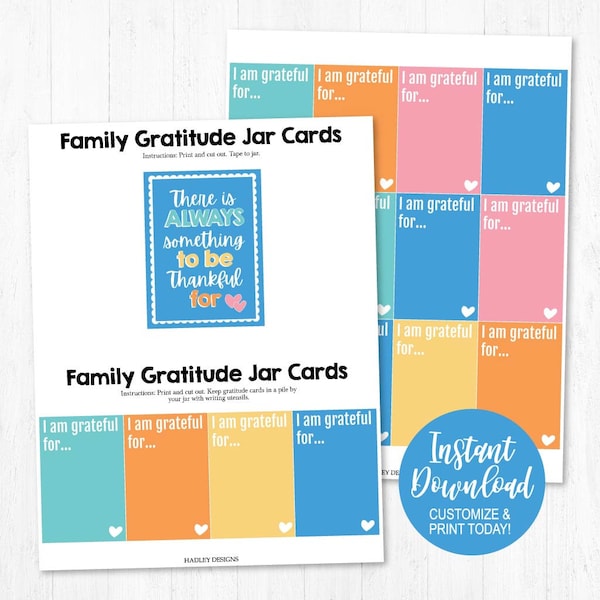 Gratitude Jar Printable, I am Grateful For Cards Template, Family Appreciation Idea, Count Your Blessings PDF, Thank You Jar for Kids Kit