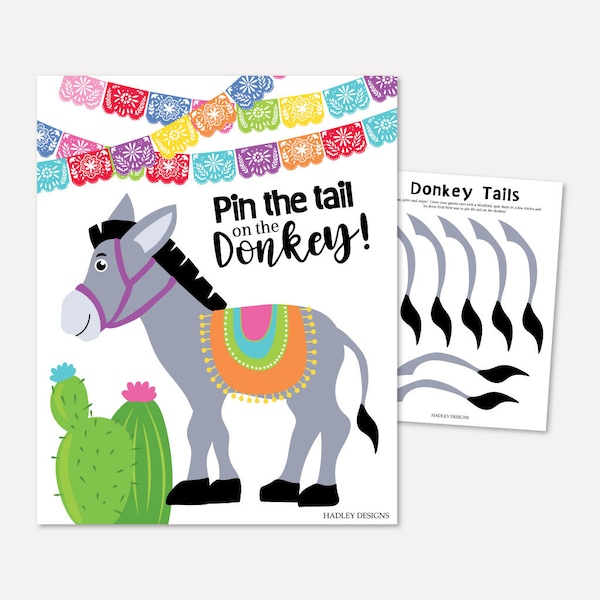 Printable Pin the Tail on the Donkey Game, Editable Taco Party DIY Activity, Modern Digital Kids Toddler Board Template, Fiesta Accessories