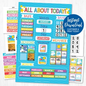 Alles over vandaag afdrukbaar | Sjabloon voor Circle Time-leercentrum | Focus Morning Board voor eerste klassers Homeschool | Voorschoolse activiteiten