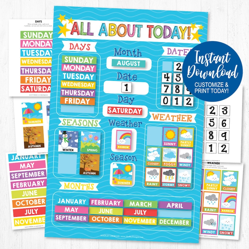 All about today kids activity blue background, days, month, date, weather, season, seasons, removable pieces, digital download, all about today poster for kids, Montessori classroom, preschool classroom, kindergarten classroom, day care activities,