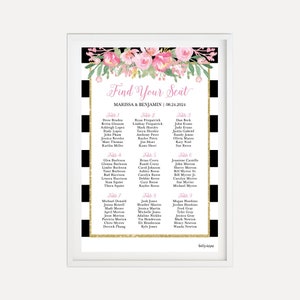 Zwart gestreepte blos bloemen bruiloft zitplaatsen kaart teken sjabloon -sjabloon zitplaatsen grafiek, zitplaatsen plan afdrukbaar, bruiloft zitplaatsen plan, PDF