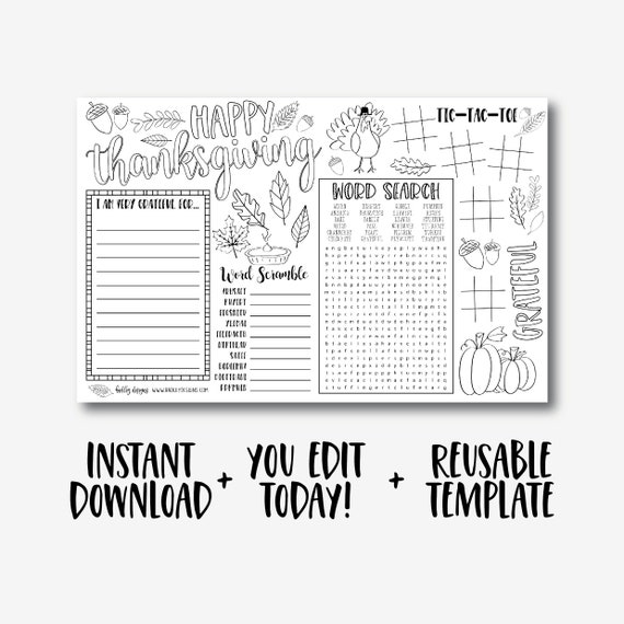 Thanksgiving Coloring Sheet, Printable Placemat, Thanksgiving Fun, Place Setting, Tic Tac Toe, Hadley Designs, Editable Printable PDF