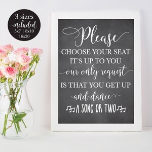 Chalkboard Choose Your Seat Wedding Sign, Find Your Seat No Seating Plan Sign, Rustic Get Up and Dance Printable Decor, DIY Instant Download