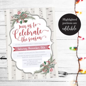 Christmas Party Invitation Template, Rustic Winter Woodland & Holly Printable Invite, Editable Text Instant Download DIY Holiday Invite PDF image 3