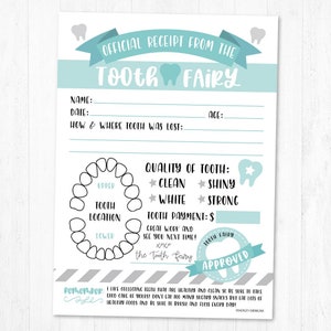May include: A printable tooth fairy receipt form with a blue and gray color scheme. The form includes fields for the child's name, date, age, how and where the tooth was lost, and the quality of the tooth. There is a section for the tooth fairy to mark the tooth's quality as clean, shiny, white, and strong. The form also includes a section for the tooth fairy to write the tooth payment amount and a space for the tooth fairy to sign and approve the receipt.