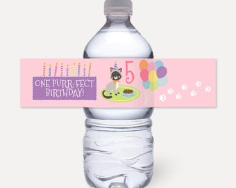 Kat Kids Party fles labelsjabloon - waterfles wraps, afdrukbare partij, afdrukbare etiketten, afdrukbare partij