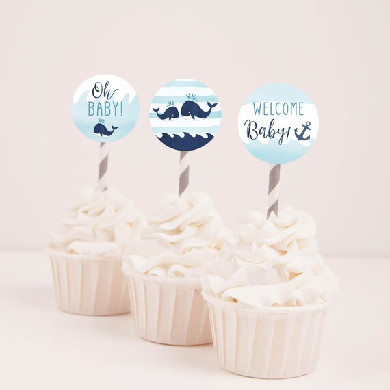 Whale Nautical Baby Shower Cupcake Toppers Template Baby Etsy