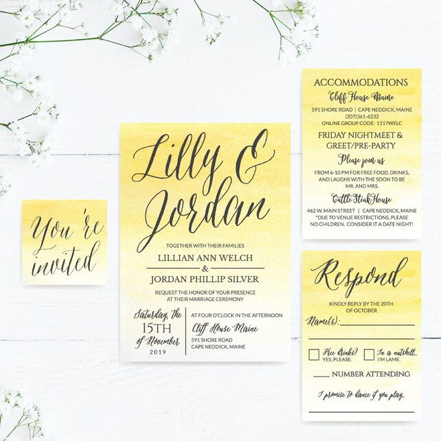 Yellow Watercolor Ombre Wedding Invitations Suite Custom Wedding