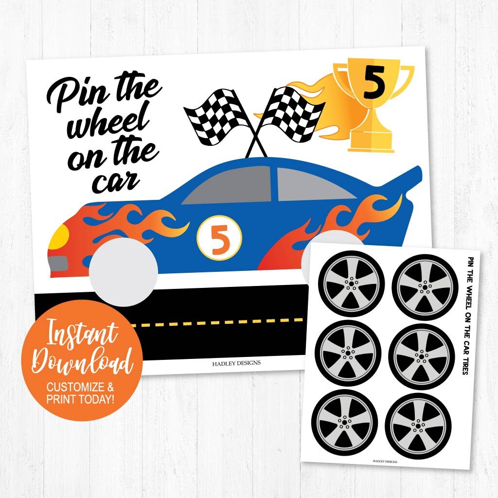 Pin the Wheel on the Race Car, Racing Printable Party Game Supplies ...
