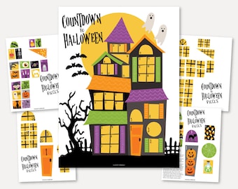 Halloween Countdown Printable, Haunted House Advent Calendar & Count Down for Kids, October Wall Art Sign Hanging, DIY Days Until Decoration