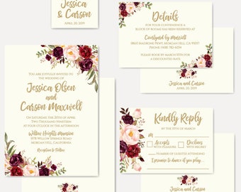 Cream Marsala Wedding Invitations Suite, Custom Wedding Invitation Template, Wedding Invitation Packages For Cheap, DIY, Elegant, Burgundy