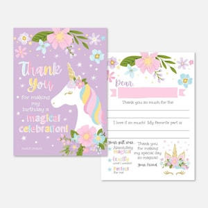 Floral Unicorn kinderfeestje Vul de lege bedankkaartsjabloon in - Floral Unicorn kinderfeestje bedankkaart Direct downloaden
