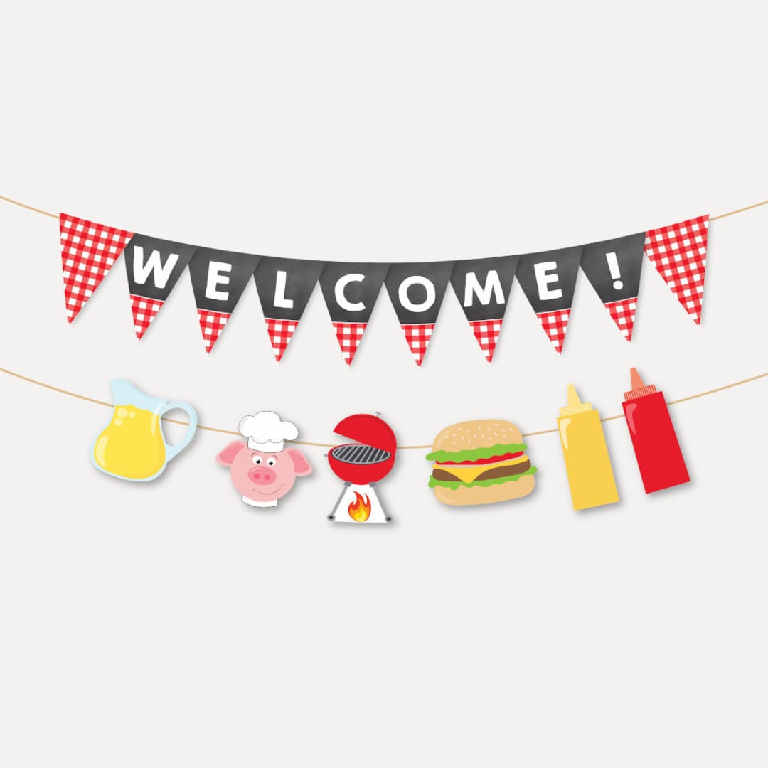 Backyard BBQ Banner Template, Printable Welcome Garland, Cookout Banner