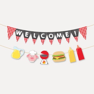 Backyard BBQ Banner Template, Printable Welcome Garland, Cookout Banner Chalk Red Checkered, Summer Barbecue Hanging, Picnic Decor Idea