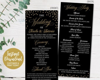Peut inclure: Un programme de mariage noir et or pour Nicole & Antonio. Le recto détaille la cérémonie, le verso liste le cortège. Le programme comprend le texte "Téléchargement instantané, Personnalisez et imprimez aujourd'hui!"