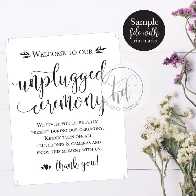 Unplugged Ceremony Wedding Sign, Rustic No Camera Sign, Please Turn Off Cell Phone Printable Signage Decor, DIY Instant Download Template image 3
