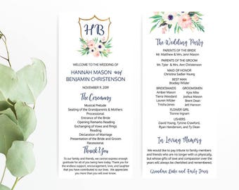 May include: A wedding program with a navy blue and gold monogram "HB" with floral accents. The program includes the wedding ceremony details, the wedding party, and a thank you message. The program also includes a section for "In Loving Memory" with the names Grandma Duke and Emily Jones.