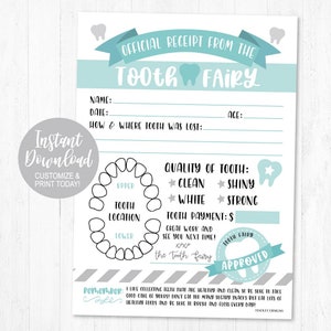 May include: A printable receipt template for the Tooth Fairy. The receipt is light blue and gray with a tooth graphic. It includes fields for the child's name, date, age, how and where the tooth was lost, quality of tooth, and tooth payment. The receipt also includes a tooth chart for the child to color in.