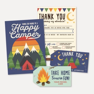 Camping Kids Party Bedankpakketsjabloon - Vul de lege bedankkaarten in, dank u gunsten tag, gunsten teken, Hadley ontwerpen