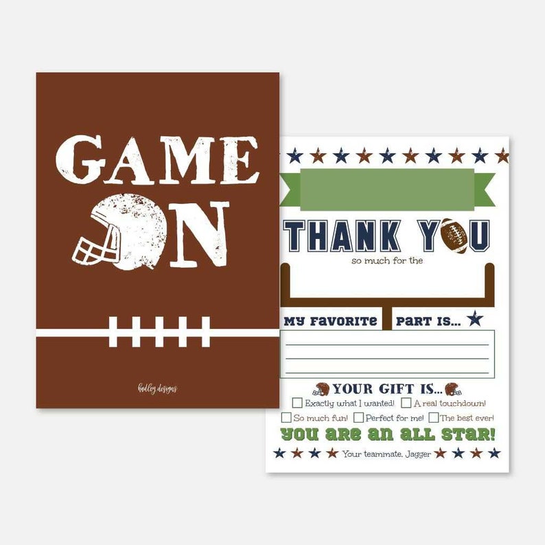 Football Thank You Card Instant Download,Football Thank You Note Printable Football Kids Party Fill In The Blank Thank You Card Template