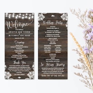 May include: A rustic wedding ceremony program with a woodgrain background and white lace accents. The program includes the names of the bride and groom, Kristin Ann Young and Mitchell Joe Duke, the wedding date, September 22, 2018, and a list of the wedding party members. The program also includes a section for "In Loving Memory" with a message about remembering loved ones.