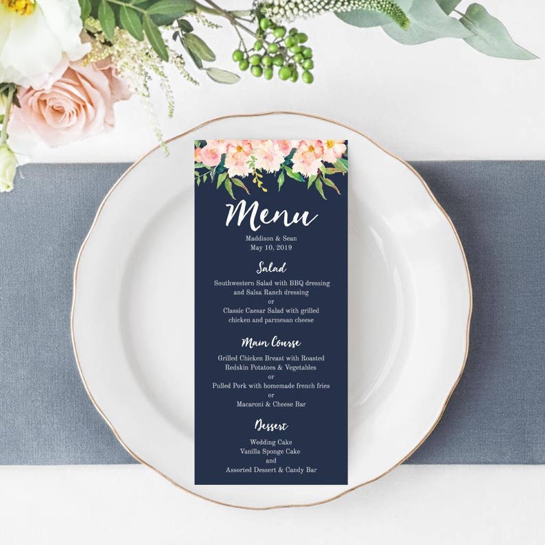 Navy and Blush Floral Wedding Menu Template Modern Pink 4x9 Etsy