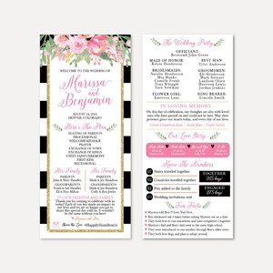 May include: A wedding invitation featuring black and white stripes with pink floral accents. The invitation includes the couple's names, wedding date, and location. It also lists the wedding party members and a timeline of their relationship.