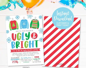 Ugly Sweater Party Invitation, Ugly and Bright Party Invite, Christmas Party Card, White Elephant Gift Exchange Invitation, Instant Download