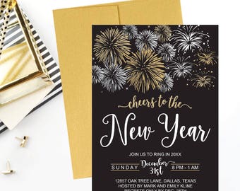 New Year's Eve Party Invitation Template, Elegant Black and Gold Firework Printable Invite, Editable Text Instant Download DIY Invite PDF