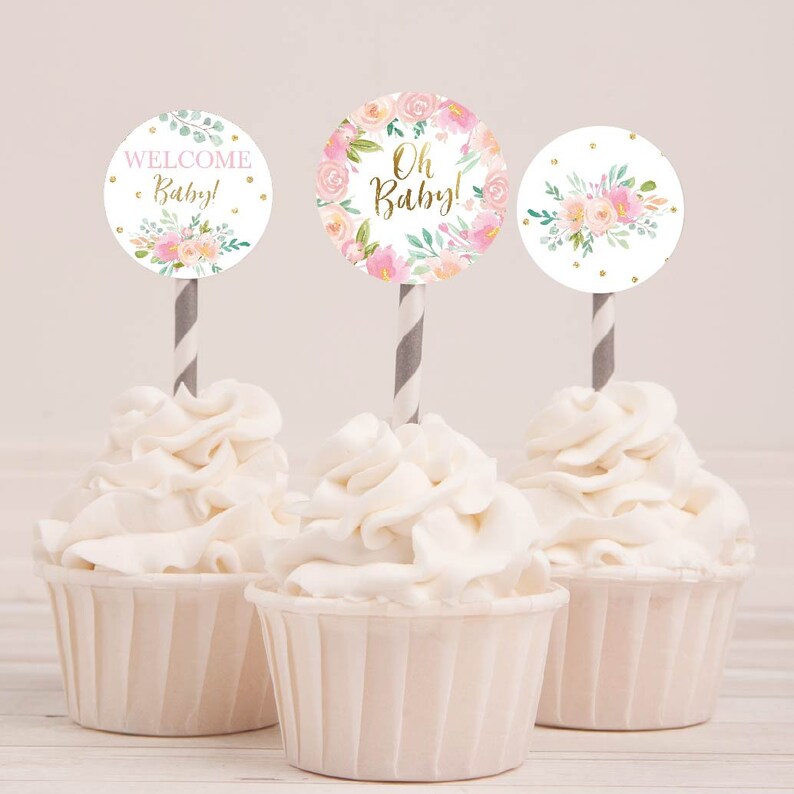 Pink Pastel Floral Baby Shower Cupcake Toppers Template baby Etsy
