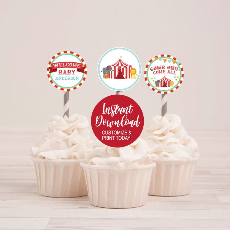 circus-red-blue-yellow-cupcake-toppers-baby-shower-cupcake-etsy