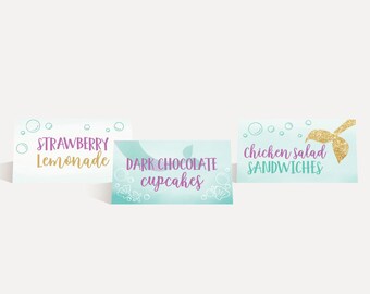 Mermaid Baby Shower Food Tent Cards Template - Food Tent Card Instant Download, Editable Buffet Card, Printable Party Decoration