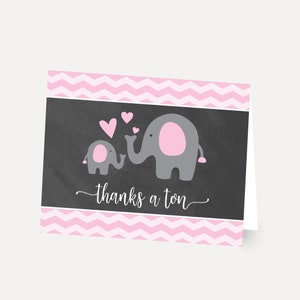 Pink Chevron and Chalk Elephant Thank You Card Printable, Thank You Cards Baby Shower, Thank You Note Baby Shower, Thank You Cards Bulk