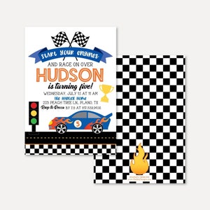 Invitaciones editables de cumpleaños de autos de carreras, plantilla de tarjeta de invitación de bandera a cuadros imprimible, invitación a fiesta de cumpleaños temática de autos de carreras para niños