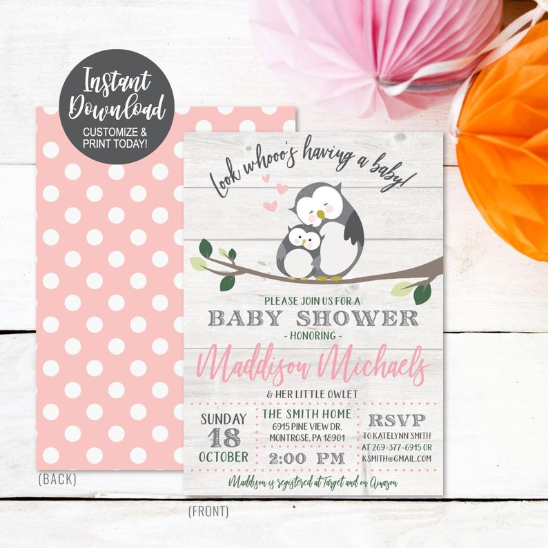 Owl Girl Pink Gray Printable Baby Shower Invitation Baby - Etsy